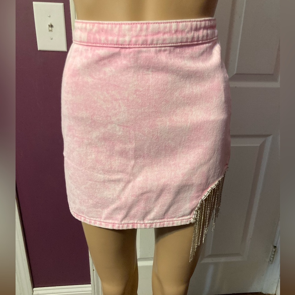 Cute Cloud Ten Pink Distressed Denim Skirt with Rhinestone Fringe, NWT, XS